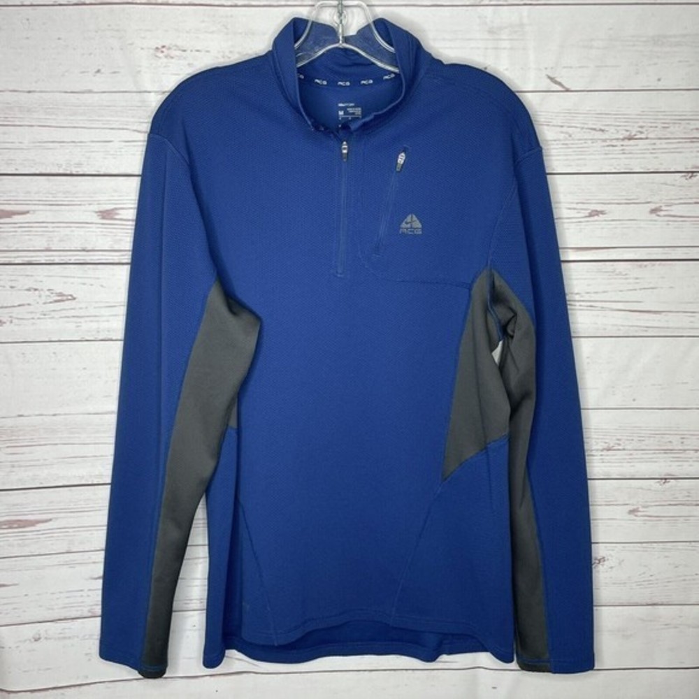 Nike ACG Fit Dry Sz M  Blue‎ W/gray 1/4 Zip Front High Neck Pullover Sweatshirt